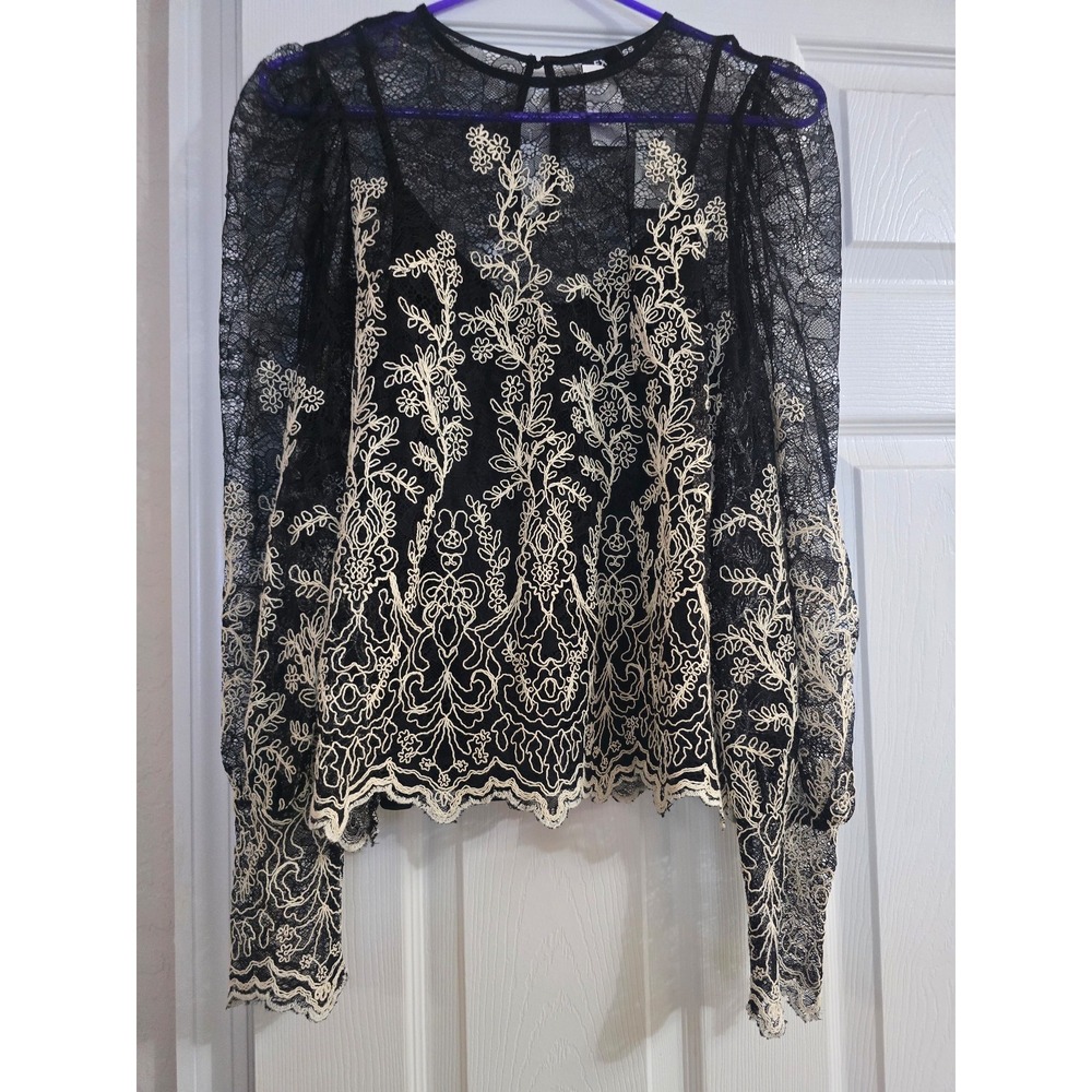 Express NWT Black Sheer Lace Cream Embroidered Puff Sleeve Blouse Top Small